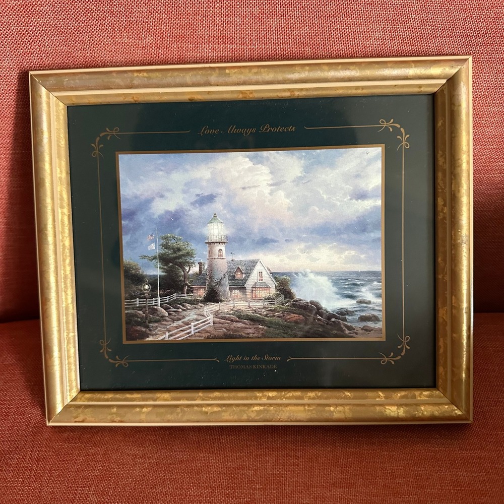 Thomas Kinkade Light in the Storm Framed Art Print Love Always Protects 9.5x8